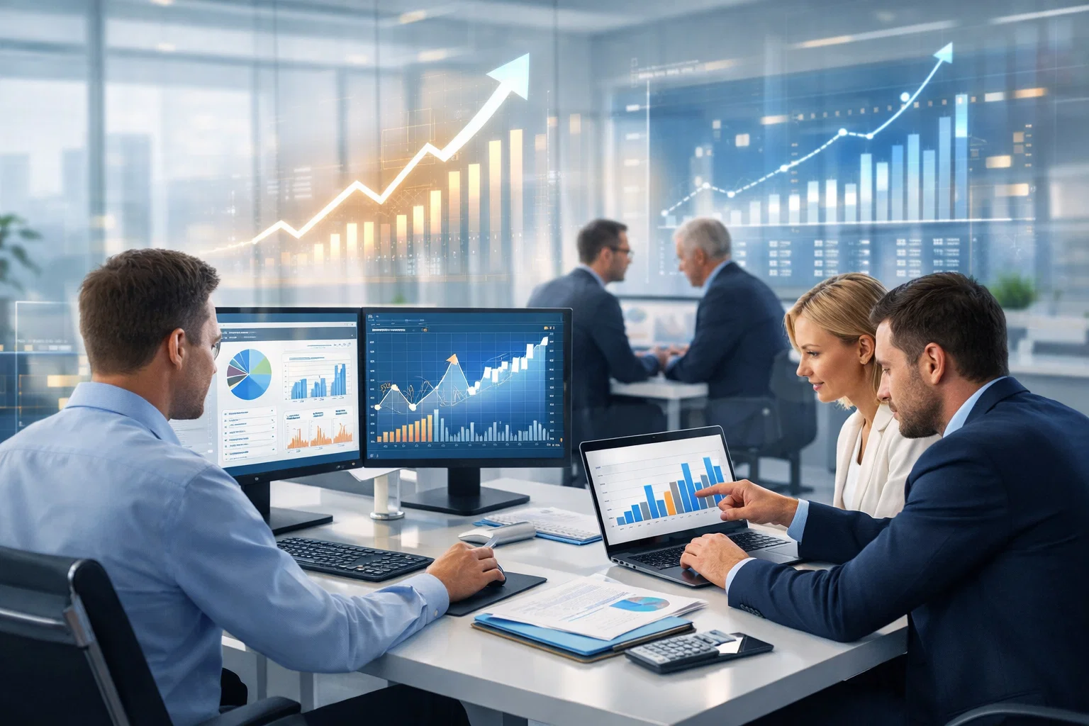 Financial SEO performance growth team reviewing analytics dashboards and business charts in an office.