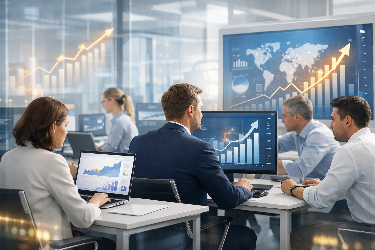 SEO agency team analyzing organic growth analytics and performance dashboards in a modern office.